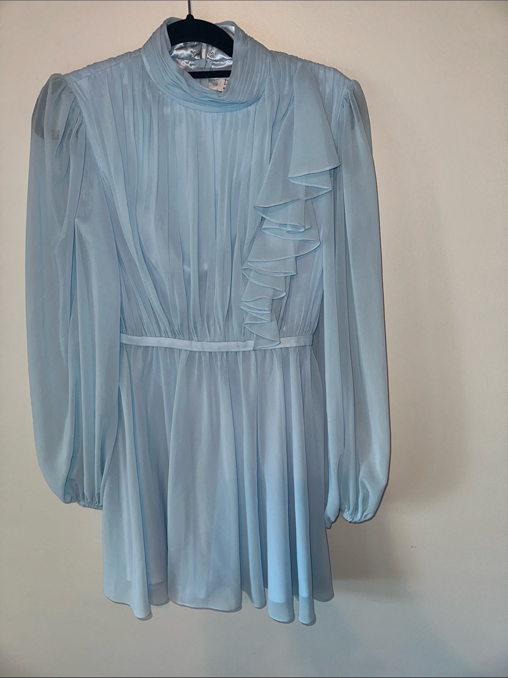 Mac Duggal Light Blue Long Sleeve Chiffon Ruffle Dress